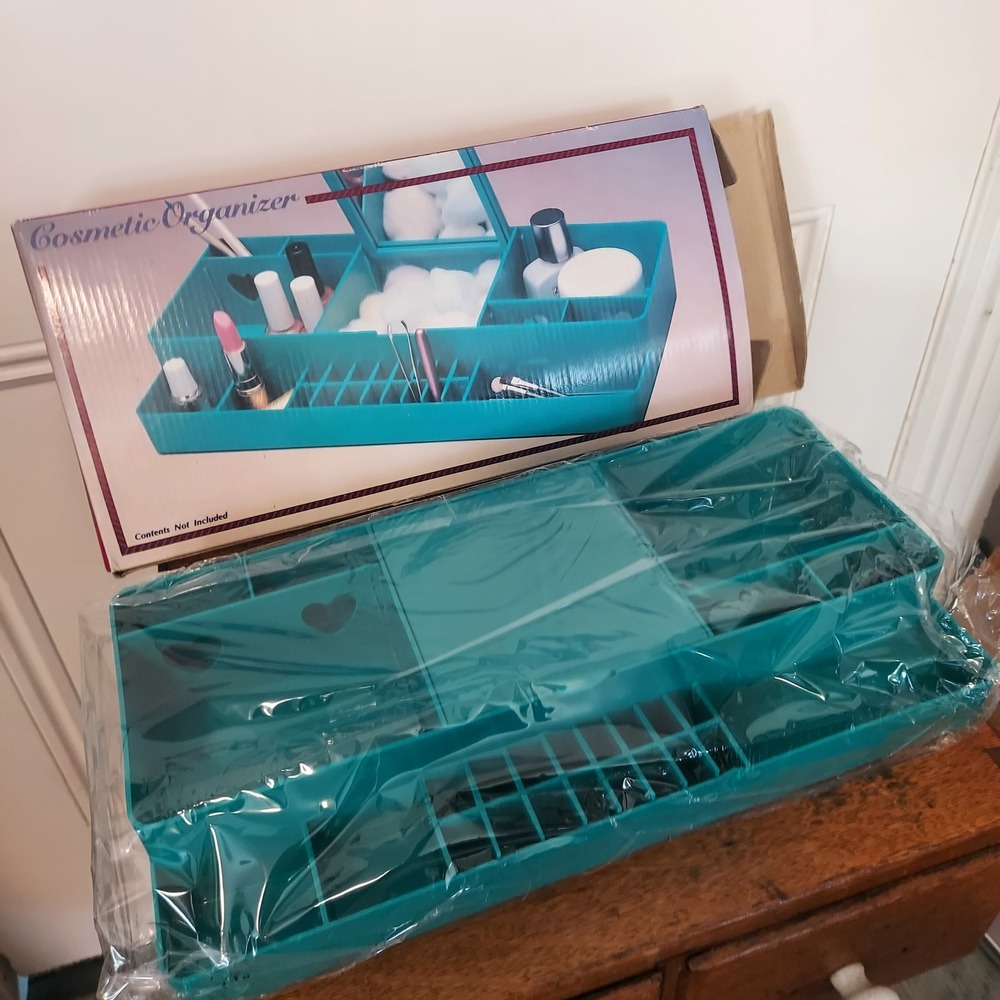 Vintage Kmart Teal Blue Cosmetic Organizer Mirror Heart Cutouts 90s Vanity Tray